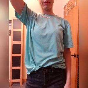 Robin Egg Blue Embroidered Flowers Neckline Medium Grandmacore Granny